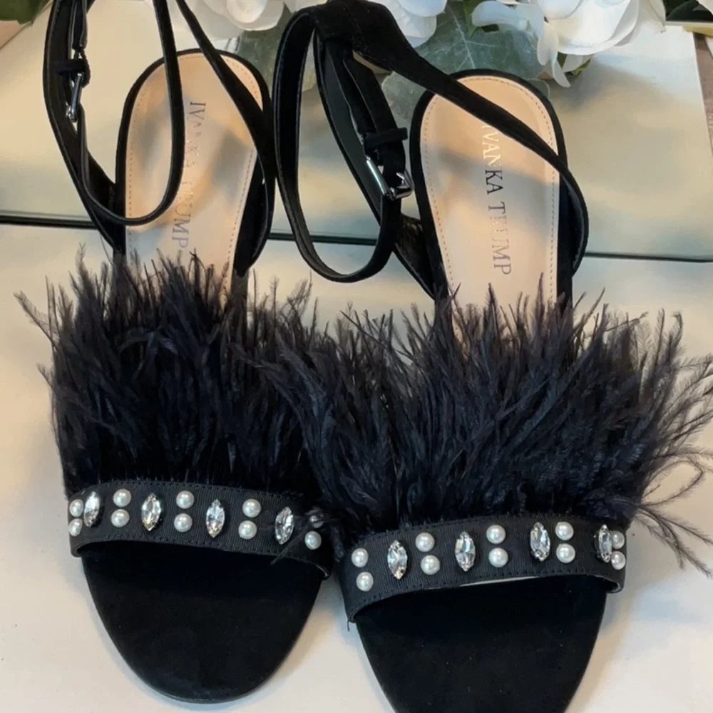 Ivanka Trump Black Stiletto Heels with Feather Embellishments - Picture 5 of 9